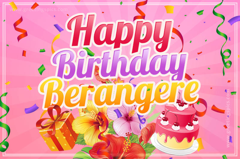 Beautiful Birthday Card for Berangere with Cake and bouquet of flowers