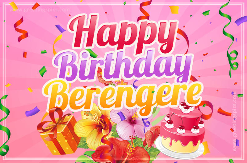 Beautiful Birthday Card for Berengere with Cake and bouquet of flowers