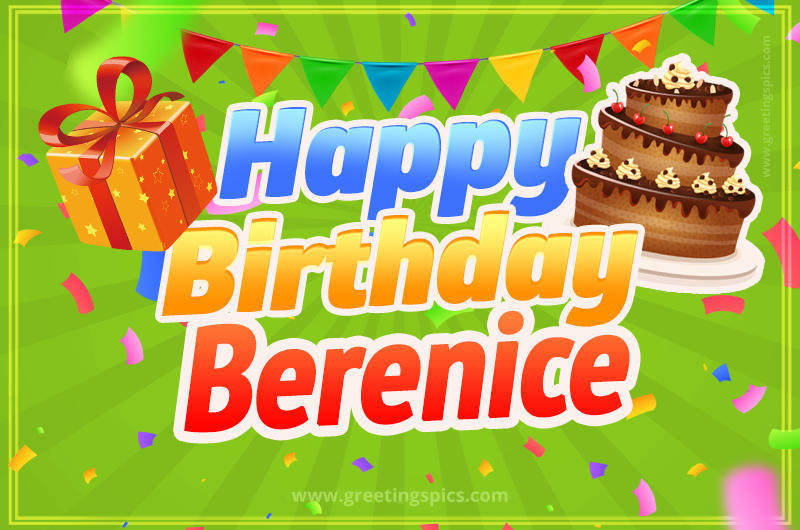 Happy Birthday Berenice picture with flags, chocolate cake and gift box