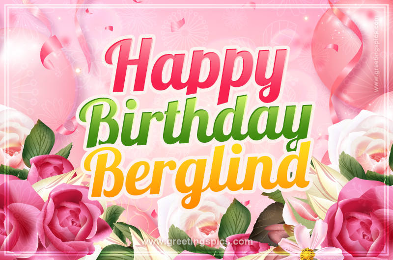 Image with gentle pink background and flowers Happy Birthday Berglind