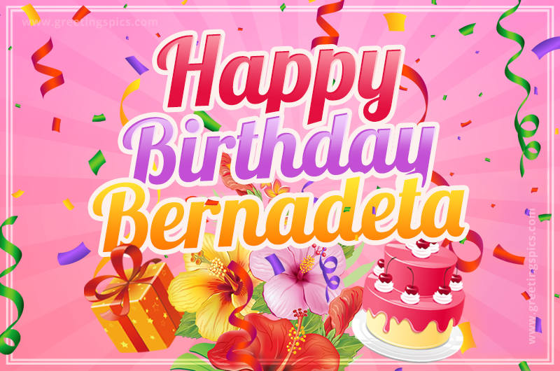 Beautiful Birthday Card for Bernadeta with Cake and bouquet of flowers