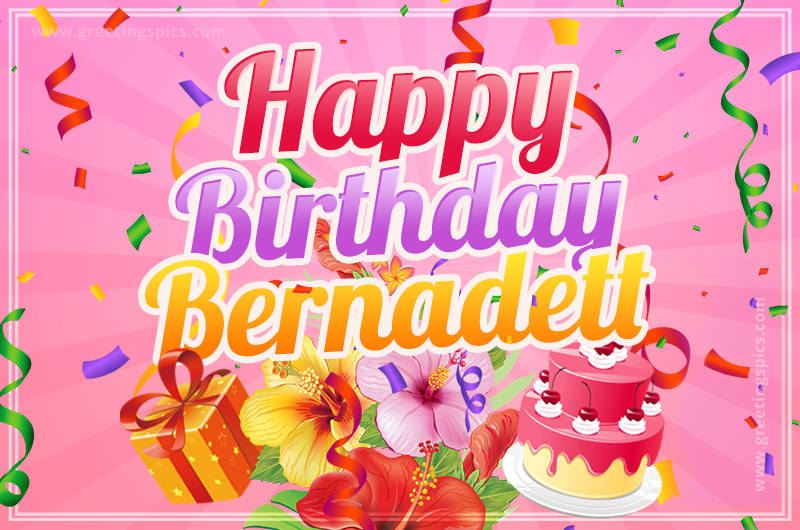 Beautiful Birthday Card for Bernadett with Cake and bouquet of flowers