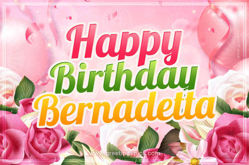 Image with gentle pink background and flowers Happy Birthday Bernadetta