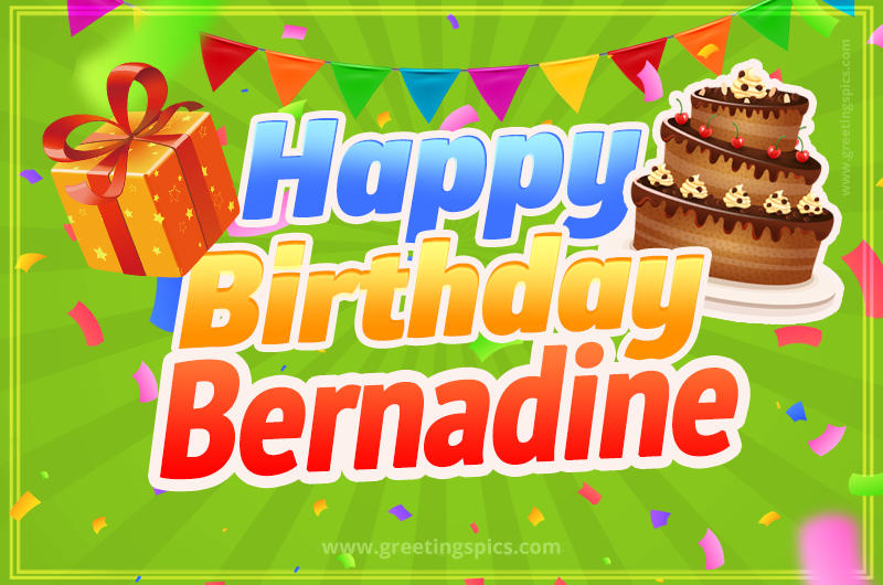 Happy Birthday Bernadine picture with flags, chocolate cake and gift box