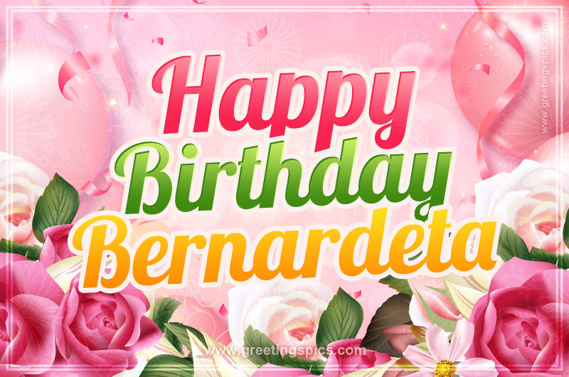 Image with gentle pink background and flowers Happy Birthday Bernardeta