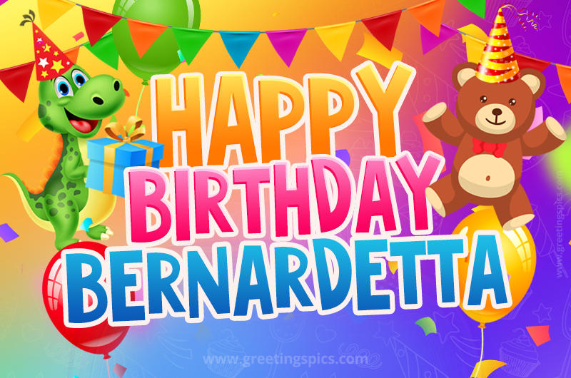 Happy Birthday Bernardetta Image for a child with cute dinosaur and bear