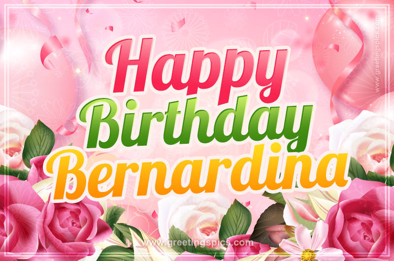 Image with gentle pink background and flowers Happy Birthday Bernardina