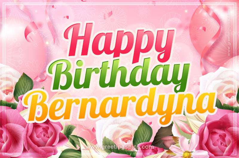 Image with gentle pink background and flowers Happy Birthday Bernardyna