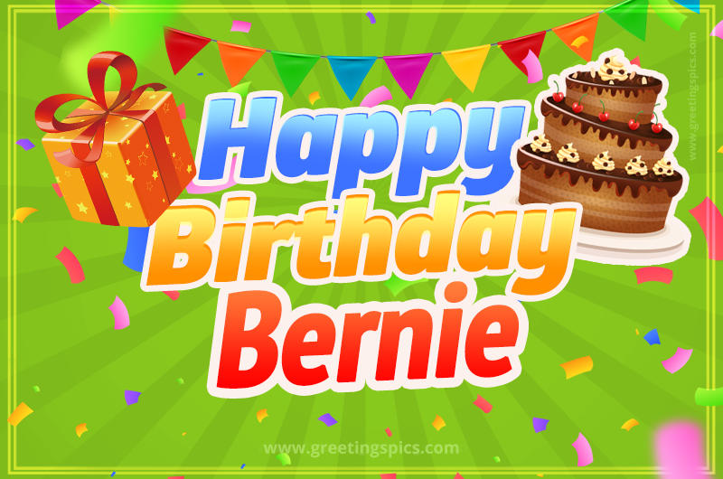 Happy Birthday Bernie picture with flags, chocolate cake and gift box