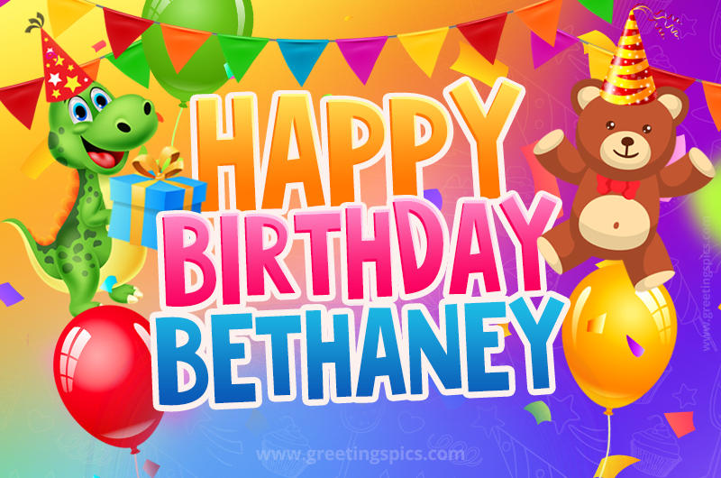 Happy Birthday Bethaney Image for a child with cute dinosaur and bear