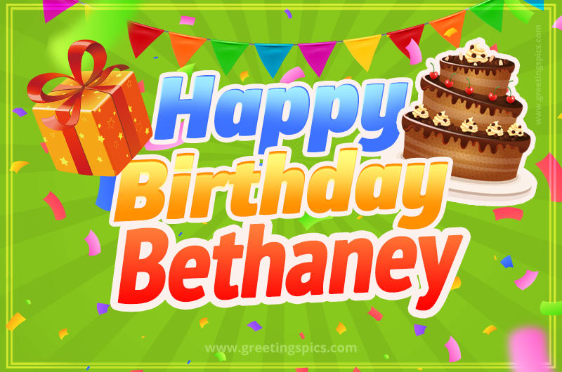 Happy Birthday Bethaney picture with flags, chocolate cake and gift box