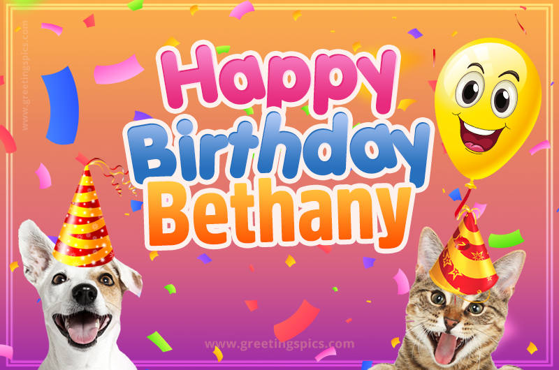 Happy Birthday Bethany Funny Image with cat and dog