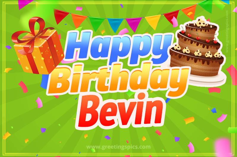 Happy Birthday Bevin picture with flags, chocolate cake and gift box