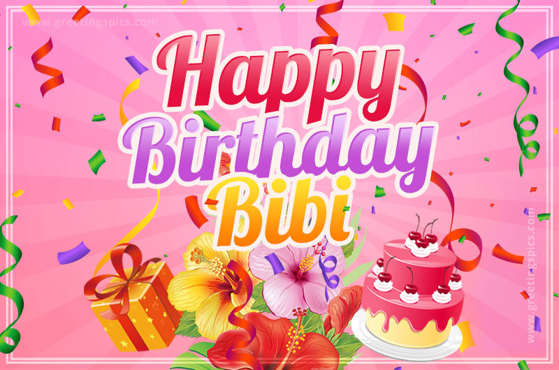 Beautiful Birthday Card for Bibi with Cake and bouquet of flowers