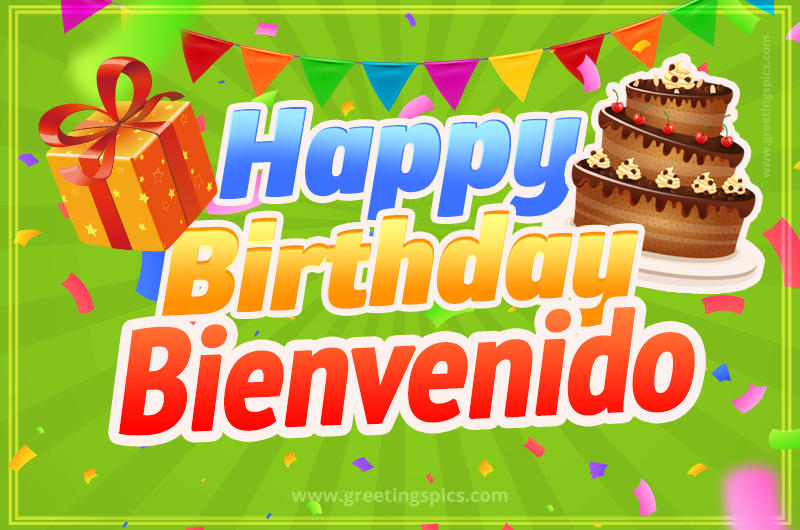 Happy Birthday Bienvenido picture with flags, chocolate cake and gift box