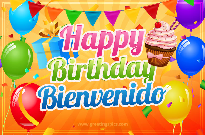 Happy Birthday Bienvenido eCard with gift box and cupcake