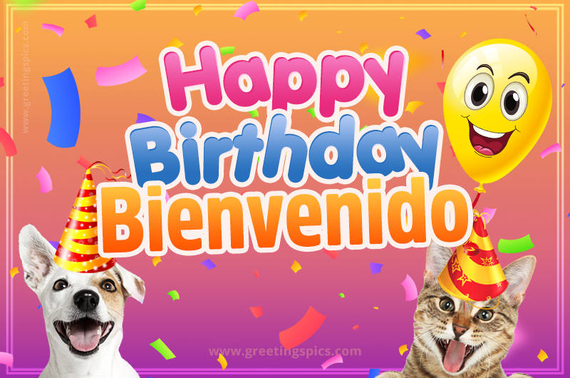 Happy Birthday Bienvenido Funny Image with cat and dog