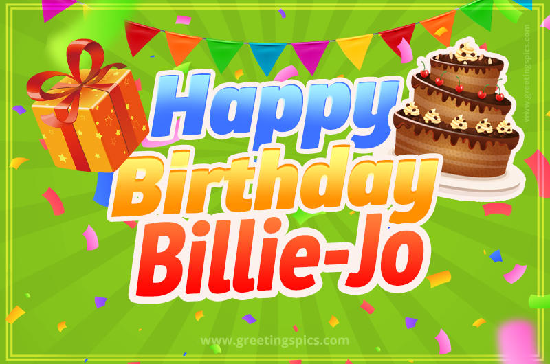 Happy Birthday Billie-Jo picture with flags, chocolate cake and gift box