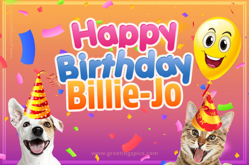 Happy Birthday Billie-Jo Funny Image with cat and dog