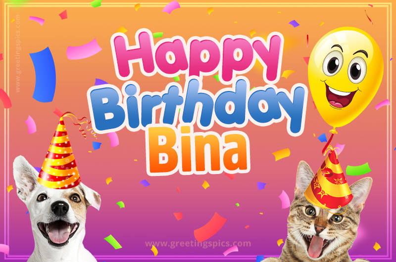 Happy Birthday Bina Funny Image with cat and dog