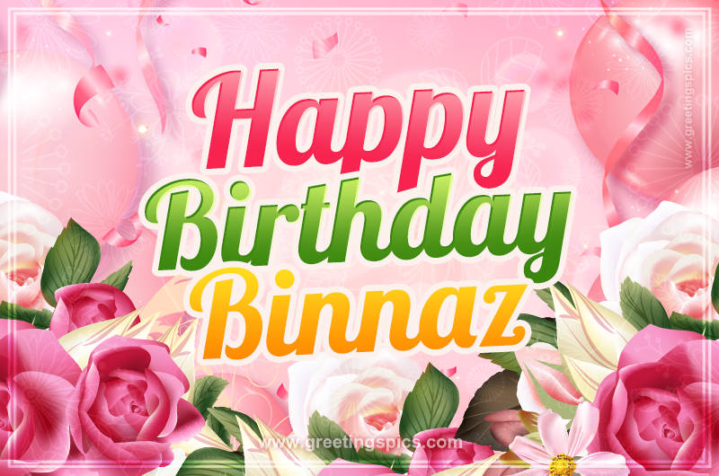 Image with gentle pink background and flowers Happy Birthday Binnaz