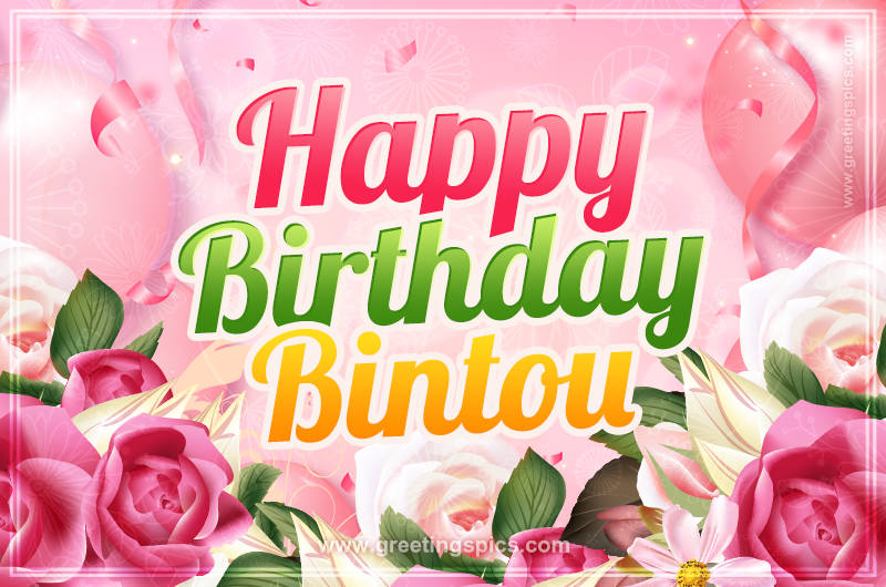 Image with gentle pink background and flowers Happy Birthday Bintou