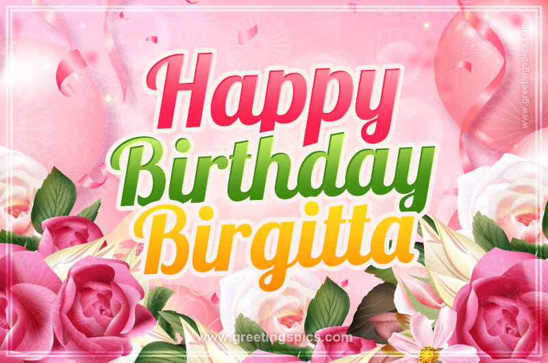 Image with gentle pink background and flowers Happy Birthday Birgitta