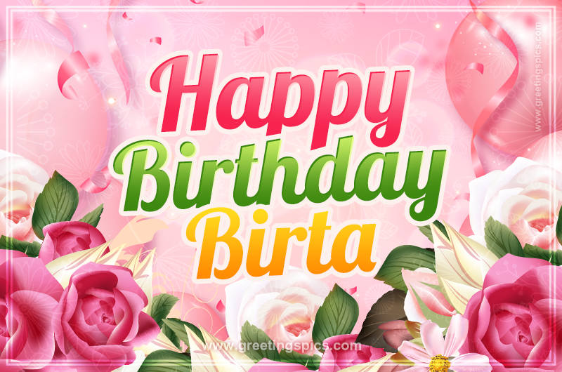 Image with gentle pink background and flowers Happy Birthday Birta