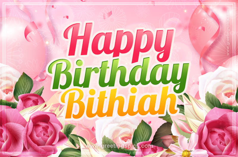 Image with gentle pink background and flowers Happy Birthday Bithiah