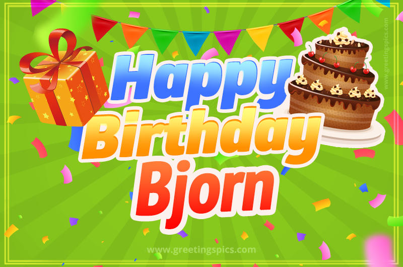 Happy Birthday Bjorn picture with flags, chocolate cake and gift box