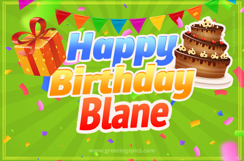 Happy Birthday Blane picture with flags, chocolate cake and gift box