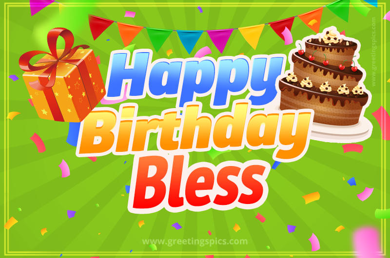 Happy Birthday Bless picture with flags, chocolate cake and gift box