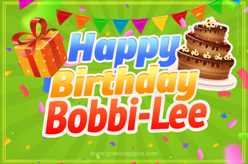 Happy Birthday Bobbi-Lee picture with flags, chocolate cake and gift box