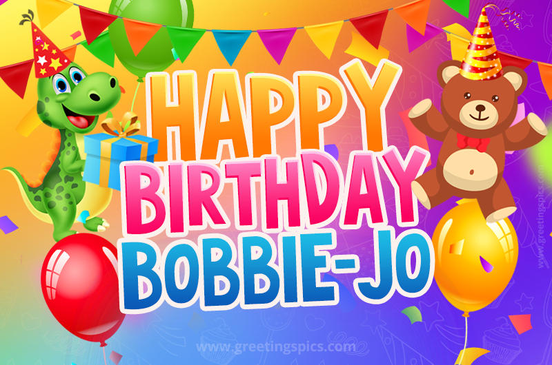 Happy Birthday Bobbie-Jo Image for a child with cute dinosaur and bear