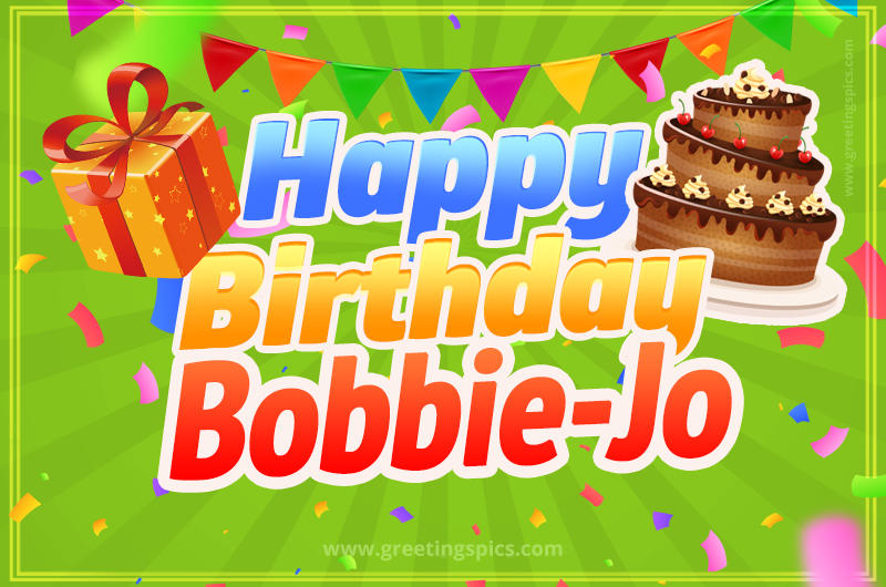 Happy Birthday Bobbie-Jo picture with flags, chocolate cake and gift box