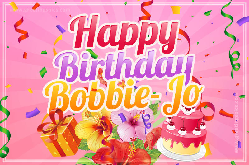 Beautiful Birthday Card for Bobbie-Jo with Cake and bouquet of flowers