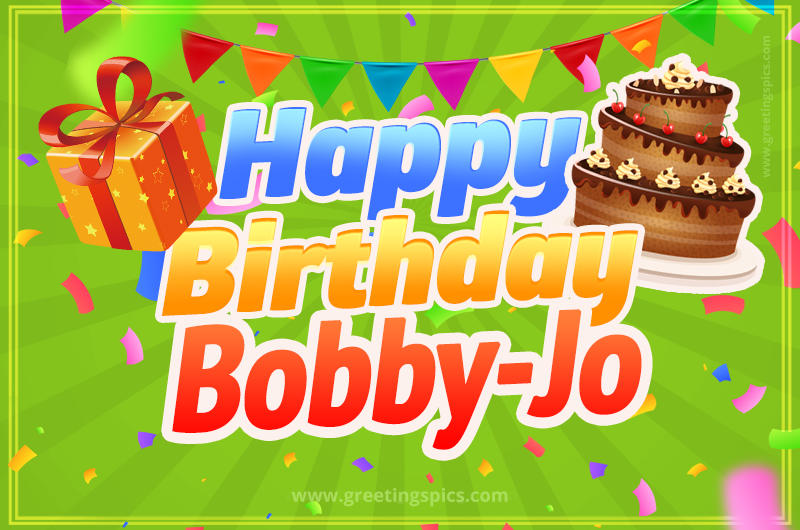 Happy Birthday Bobby-Jo picture with flags, chocolate cake and gift box