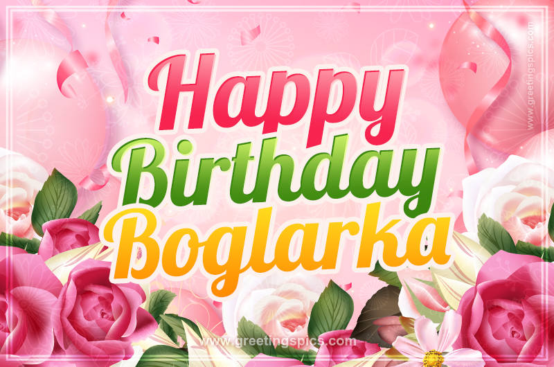 Image with gentle pink background and flowers Happy Birthday Boglarka