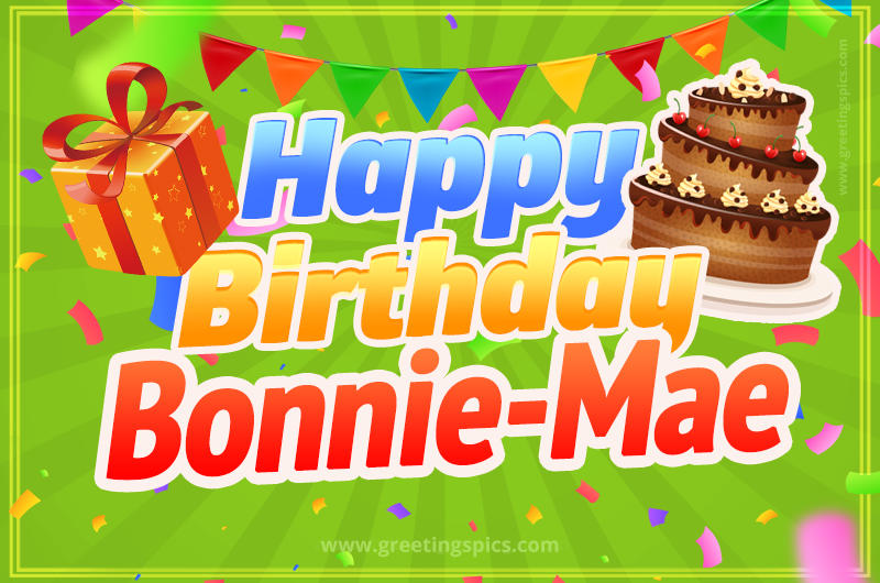 Happy Birthday Bonnie-Mae picture with flags, chocolate cake and gift box