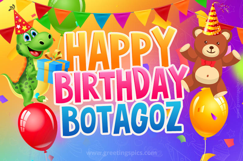 Happy Birthday Botagoz Image for a child with cute dinosaur and bear