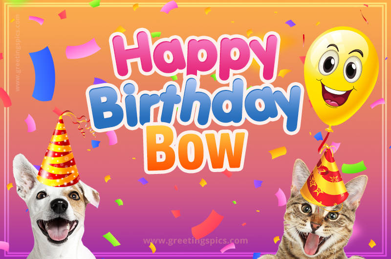 Happy Birthday Bow Funny Image with cat and dog