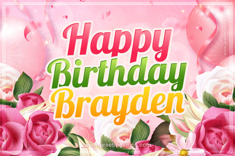 Image with gentle pink background and flowers Happy Birthday Brayden