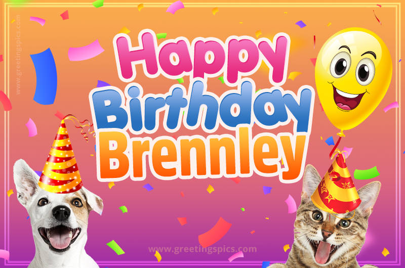 Happy Birthday Brennley Funny Image with cat and dog