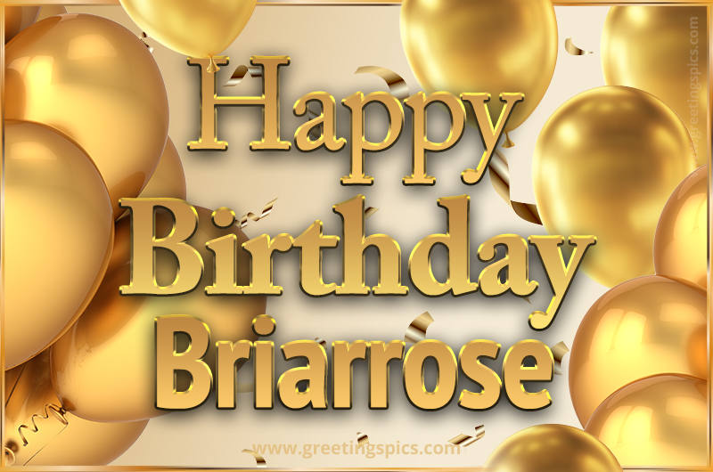 Happy Birthday Briarrose Card with golden confetti and balloons