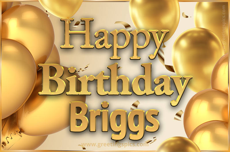 Happy Birthday Briggs Card with golden confetti and balloons