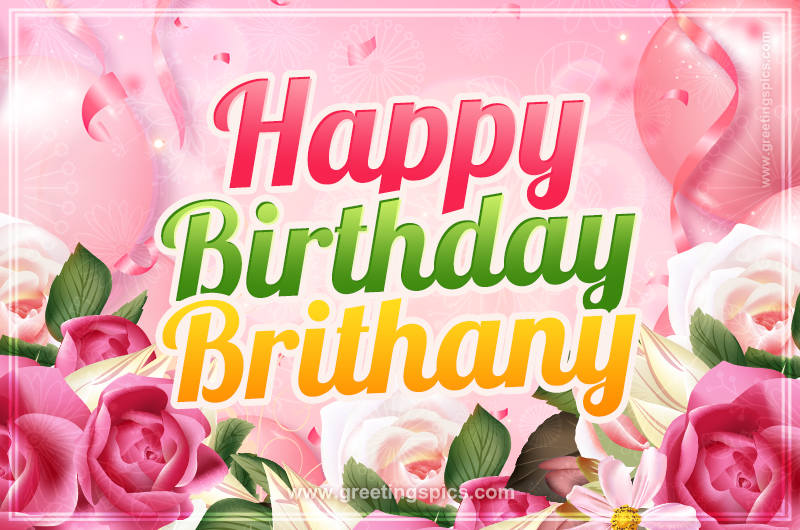 Image with gentle pink background and flowers Happy Birthday Brithany