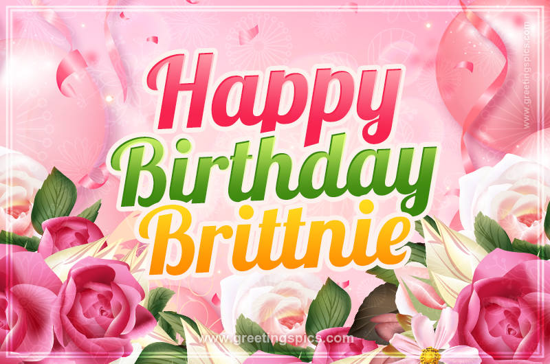 Image with gentle pink background and flowers Happy Birthday Brittnie