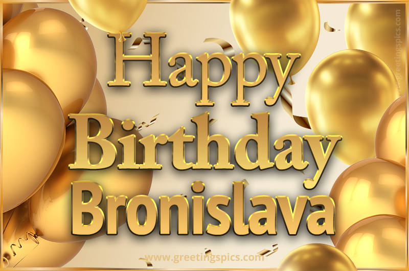 Happy Birthday Bronislava Card with golden confetti and balloons