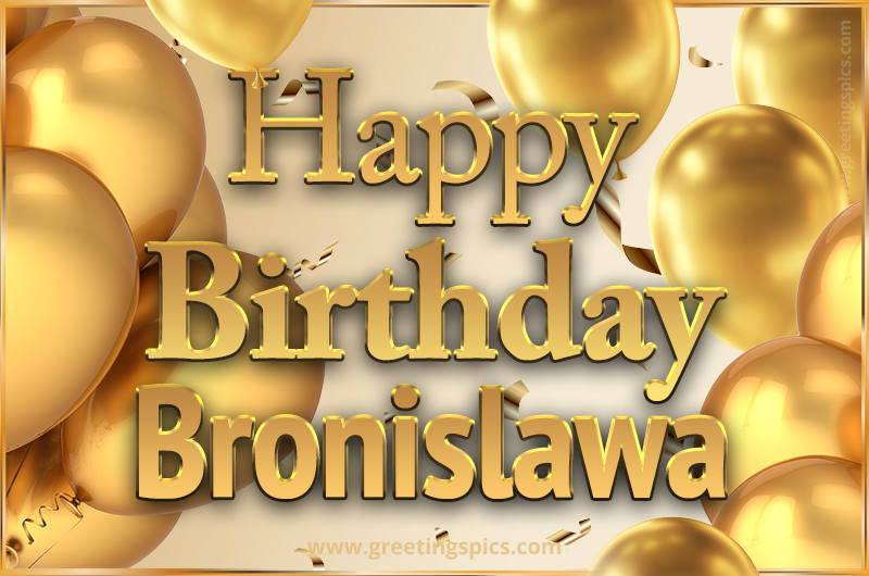 Happy Birthday Bronislawa Card with golden confetti and balloons