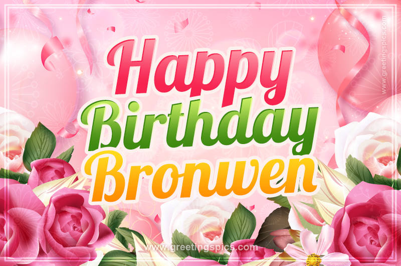 Image with gentle pink background and flowers Happy Birthday Bronwen